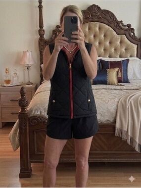 Ralph Lauren Black Quilted Vest with Red Trim and Gold Accents